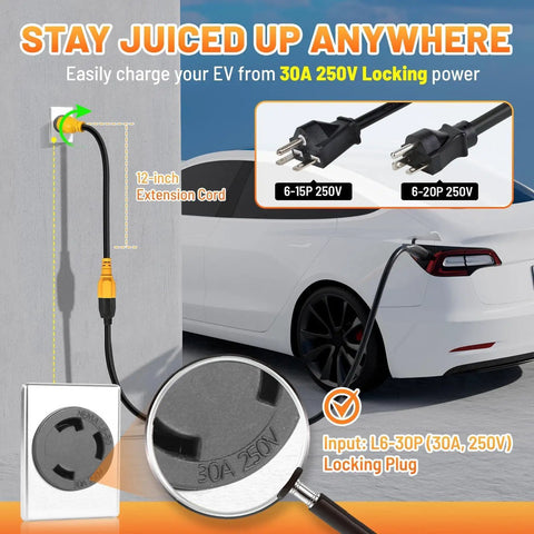 Heavy Duty Heft No Sweat Setup Nema L6-30P To L6-20R Locking Adapter Cord, 30A 250V Male To 20A Female Plug, One Foot 12 Awg Sjta connected to EV for charging.