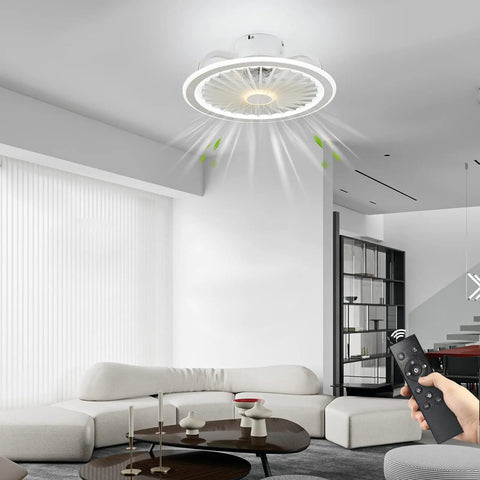 Low Profile Flush Mount Ceiling Fan With Lights And Remote Control, 18 Inch Modern Enclosed Indoor Fan in living room setting.
