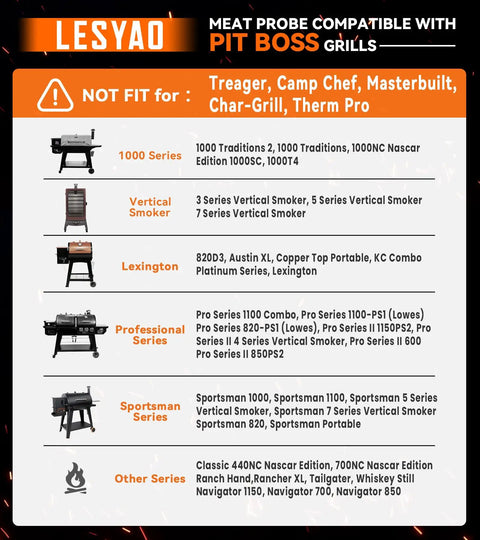 Compatibility chart for meat probe; not fit for Traegar, Camp Chef, and other grills; includes series like 1000 and Lexington.