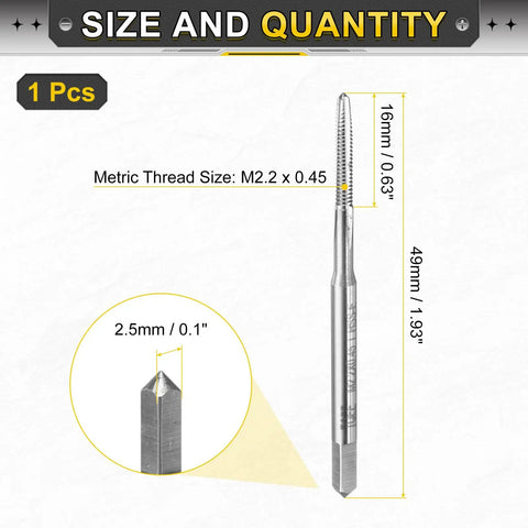 Pro Grade Heavy Duty M2.2 X 0.45 Metric Thread Taper Tap, 49mm length, 16mm thread size, high speed steel design.
