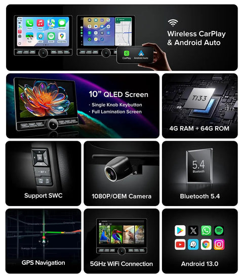 10 Inch QLED Car Stereo For Dodge Grand Caravan And Chrysler Town And Country Wireless CarPlay Android Auto Radio features