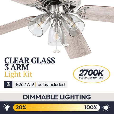 52 Inch Indoor Ceiling Fan With Light And LED, tri mount 5 blade modern farmhouse style, gray oak finishes, dimmable lighting feature