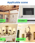 Four scenes showing usage: 1. outdoor wood beam construction, 2. indoor TV mount on wall, 3. chandelier hanging, 4. artwork display