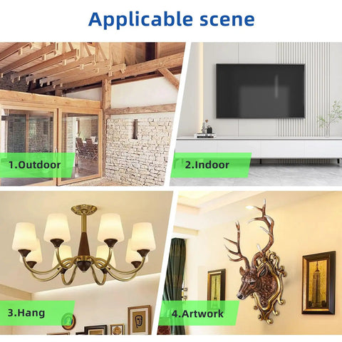 Four scenes showing usage: 1. outdoor wood beam construction, 2. indoor TV mount on wall, 3. chandelier hanging, 4. artwork display