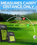 Swami Launch Master Golf Launch Simulator Lite measures carry distance with devices showing readings on a golf course background.