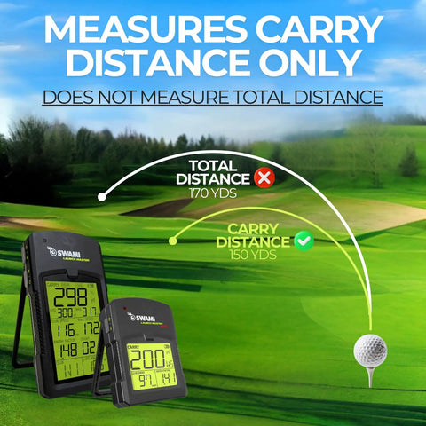 Swami Launch Master Golf Launch Simulator Lite measures carry distance with devices showing readings on a golf course background.