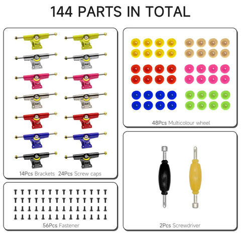 Fingerboard Hardware Kit With 14 Multicolor Trucks, 48 Wheels, 60 Screws, 30 Nuts And 4 Spanner Tools for 96mm Decks
