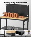 48 Inch Heavy Duty Adjustable Height Work Bench With 2000 Lbs Capacity, Built Like A Tank, rubberwood top, pegboard, LED light.