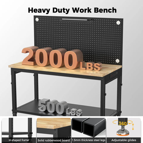 48 Inch Heavy Duty Adjustable Height Work Bench With 2000 Lbs Capacity, Built Like A Tank, rubberwood top, pegboard, LED light.