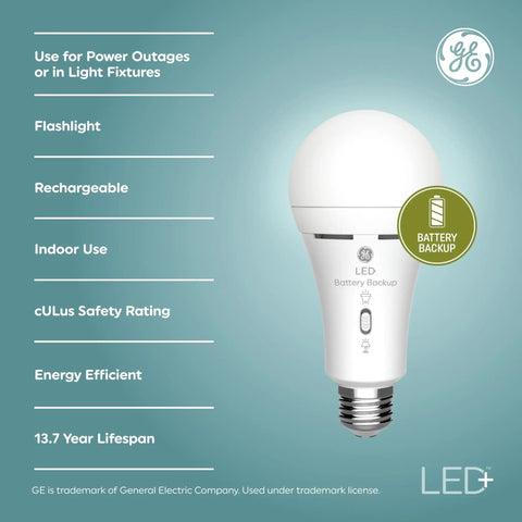 Led Plus Battery Backup A21 LED Bulbs With Built In Flashlight For Power Outages product image, showing features and packaging details.