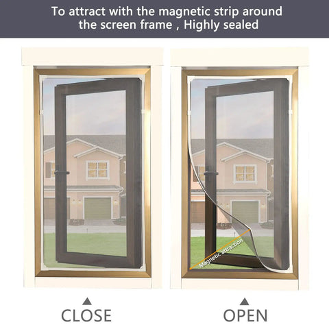 Magnetic Window Screen Kit With Adjustable White Frame Fits Up To 75 By 51 Inches 20x20 Mesh installed on a window