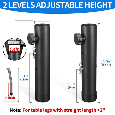 Adjustable height legs for table risers, 2 levels, 7.7in and 5.1in, durable black steel, perfect for standing desks or dining tables.