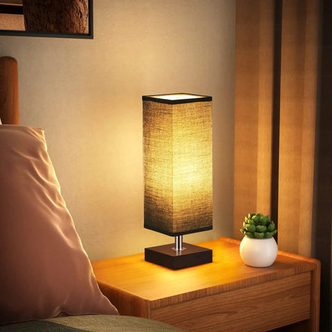 Modern Wood Table Lamp For Bedroom And Nightstand With Square Fabric Shade Minimalist Reading Light for Desk and Living Room Placement