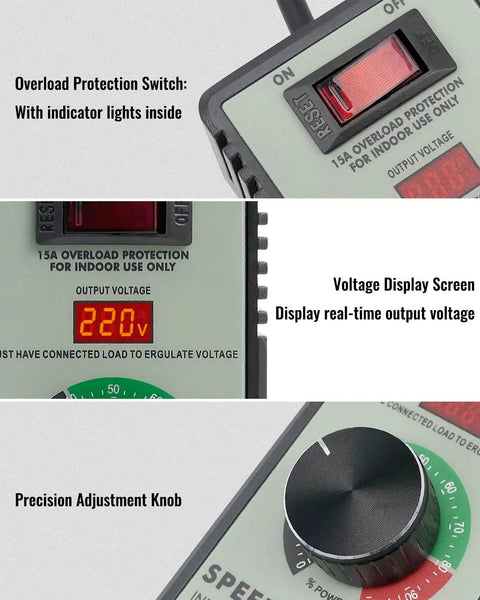 Top Tier Adjustable AC Motor Speed Controller With Bright LED Display And Hella Smooth Voltage Regulator features overload switch and voltage display.
