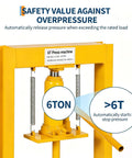 Heavy Duty 6 Ton Hydraulic Shop Press With Sturdy H Frame Design, showing safety features for overpressure release and rated load.