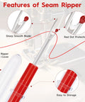 4 In 1 Automatic Sewing Needle Threader With Magnifier And Seam Guide Built In Dual Scale Ruler For Quick Threading Handy For Quilting And Alterations Includes 2 Seam Rippers In Red showing features of seam ripper with red dot protection and sharp blade.