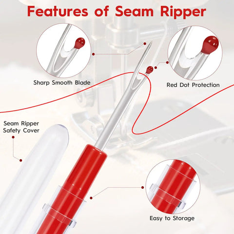 4 In 1 Automatic Sewing Needle Threader With Magnifier And Seam Guide Built In Dual Scale Ruler For Quick Threading Handy For Quilting And Alterations Includes 2 Seam Rippers In Red showing features of seam ripper with red dot protection and sharp blade.