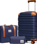 TAKUMI navy ABS+PC 3-piece hardside luggage set with tan accents; includes carry-on suitcase, duffel bag, and pouch.