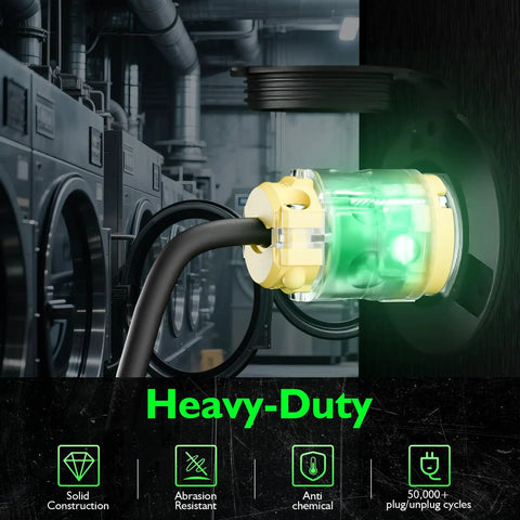 Lighted Extension Cord Ends Replacement Plug 15A 125V NEMA 5-15P To 5-15R Male And Female UL Listed Power Connector With Lit LED Indicator 3 Prong Yellow on black cord in industrial laundry area