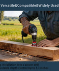 Pro Grade Countersink Drill Bit Set With Adjustable Depth Stop Aluminum Collar being used on a wooden beam outdoors.