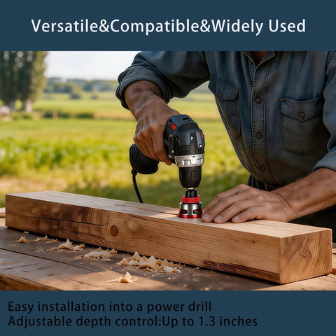 Pro Grade Countersink Drill Bit Set With Adjustable Depth Stop Aluminum Collar being used on a wooden beam outdoors.