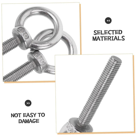M10x60 Stainless Steel Threaded Eye Bolt Kit With Nuts And Washers Built Tough Heavy Duty close-up of eye bolts and threaded shaft.