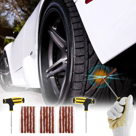 Flat tire repair kit with plug, insert tool, and wheel highlighted on a vehicle tire