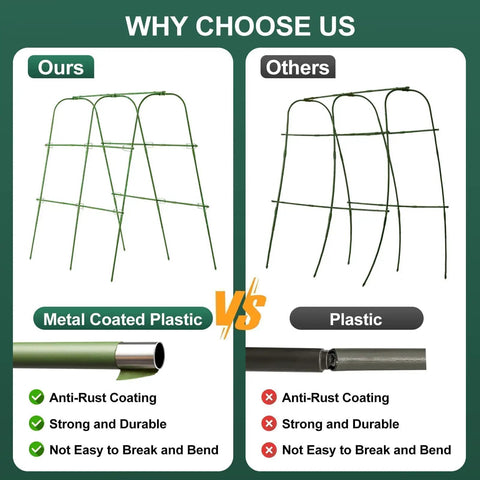 Comparison of Cucumber Trellis for Raised Garden Bed: Rustproof metal vs. plastic, showing durability and anti-rust features.