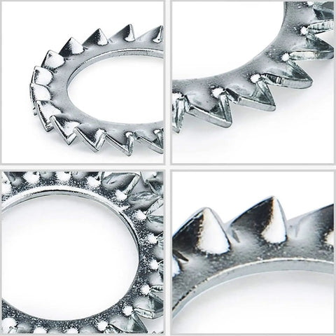 Close-up views of stainless steel external star washer from 304 Grade 300 pcs kit with sizes M2.5 to M12, showing teeth detail.
