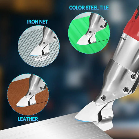 Heavy Hitter Brushless Cordless Metal Shear Fits Milwaukee 18V Battery cutting iron net, color steel tile, and leather in action.