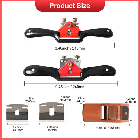 Rock Solid Adjustable Spokeshave Set With Six Precision Blades And Portable Woodworking Plane size comparison and blade dimensions