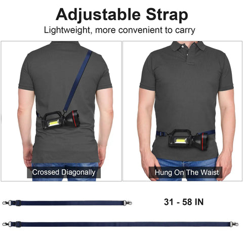 Man wearing Ultra Bright Rechargeable Spotlight Flashlight With Shoulder Strap, showing strap crossed diagonally and hung on waist.