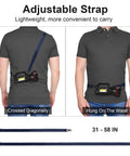 Person showing adjustable strap of Rechargeable Spotlight Flashlight With Large Battery, shoulder or waist carry, 31-58 inches