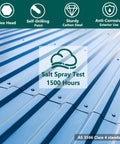 Beefy Heavy Duty Self Drilling Roof Screws 12 By 3 Quarter Inch With Hex Head And EPDM Washer Silver Coated Carbon Steel Salt Spray Tested 1500 Hours Metal To Wood Or Metal Hex Socket Drive Included showing installation on corrugated metal roof.