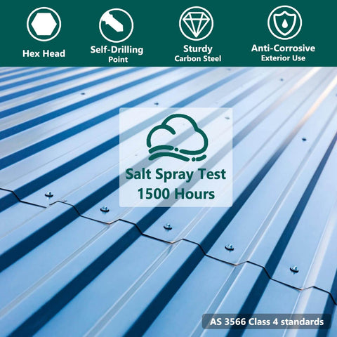 Beefy Heavy Duty Self Drilling Roof Screws 12 By 3 Quarter Inch With Hex Head And EPDM Washer Silver Coated Carbon Steel Salt Spray Tested 1500 Hours Metal To Wood Or Metal Hex Socket Drive Included showing installation on corrugated metal roof.