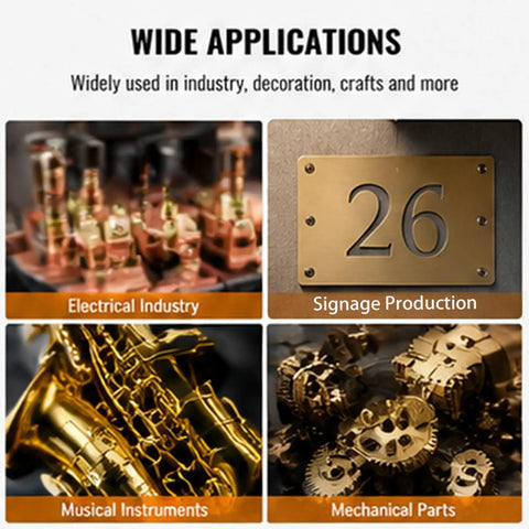 Applications of Dope Brass Sheets Set 10Pcs Thin Plates 0.1mm to 0.5mm Thick for electrical, signage, musical, and mechanical uses.