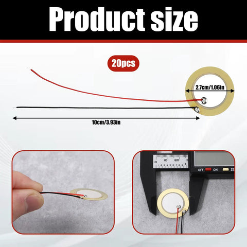 20 Piece Piezo Pickup Kit With 27mm Piezo Discs Transducers Contact Microphones And Drum Trigger Ready Elements Prewired 3.94 Inch Leads For Acoustic Instruments And Sound Sensor Projects Plug And Play, showing 27mm disc and 10cm lead measurement detail with caliper.