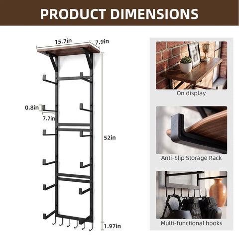 Multi Deck Skateboard Rack Wall Mount Display Hanger With Solid Wood Top Shelf And Rubber Grip Pads dimensions chart