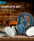 Full Face Respirator Mask With Extra ABEK1P3R Cartridges for Dust and Smoke, Reusable Eye Shield, Close-up on Table