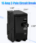 15 Amp Two Pole Circuit Breaker Compatible With Sd Qo Load Centers And Nqod Panels Boasting 10ka Rating And 120 240 Volt Operation, black and compact design with dimensions.
