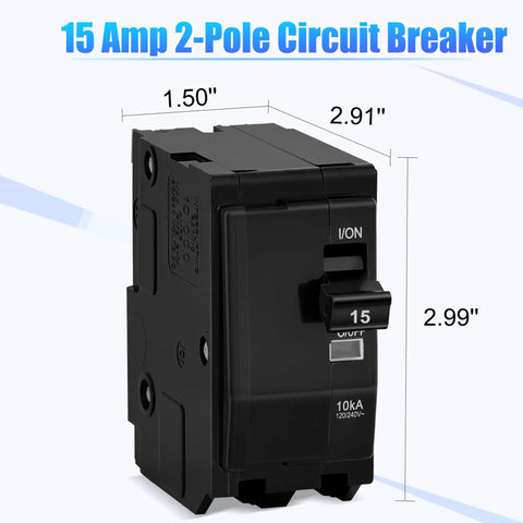 15 Amp Two Pole Circuit Breaker Compatible With Sd Qo Load Centers And Nqod Panels Boasting 10ka Rating And 120 240 Volt Operation, black and compact design with dimensions.