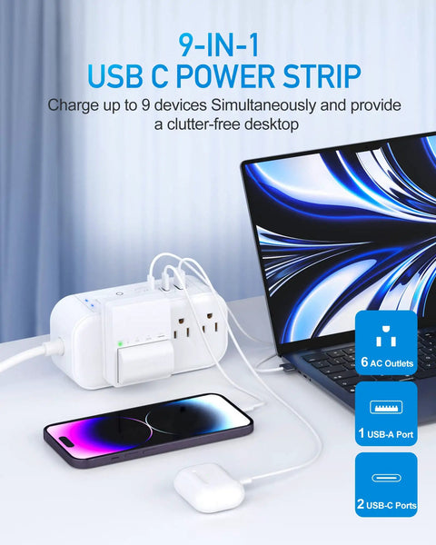 10FT Surge Protector Power Strip With 65W USB C PD And 30W USB C Fast Charging 6 Outlets And 3 USB Ports Flat Plug For Desk Wall Mount Overload Protection Ideal For Dorm And Home Office And Travel