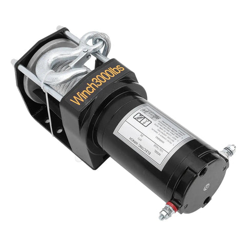 Durable 12V Electric Winch Kit With 3000lbs Load Bearing Power For Heavy Duty Towing And Off Road Rescue Jobs On Jeeps Trucks And Atvs Using Strong 1KW Motor And Smooth Planetary Gear Transmission, showing compact motor and steel hook.