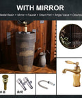 Top Shelf Handmade Vessel Sink With Faucet And Drain Pre Drilled Installation Hole Slick Modern Basin Featuring Overflow Guard Perfect For Indoor Outdoor Vanity Setup Includes Matching Mirror in elegant wooden setting.
