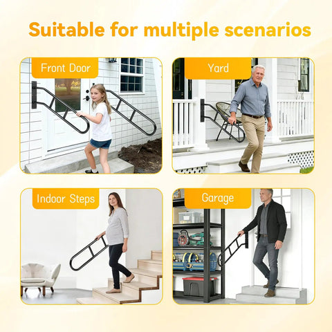 Straight Up Durable Adjustable Wall Mount Handrail For Outdoor And Indoor Steps U Shape Safety Railing in use at front door and indoor steps.