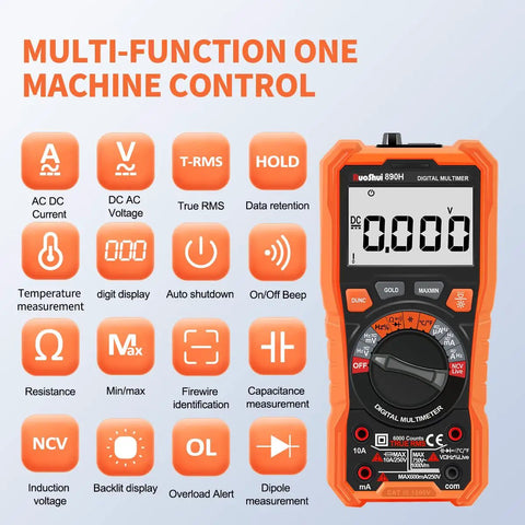 Digital Multimeter For DIYers And Pros True RMS 10A 1000V 6000 Counts Auto Ranging Volt Ohm Meter with NCV Function displayed