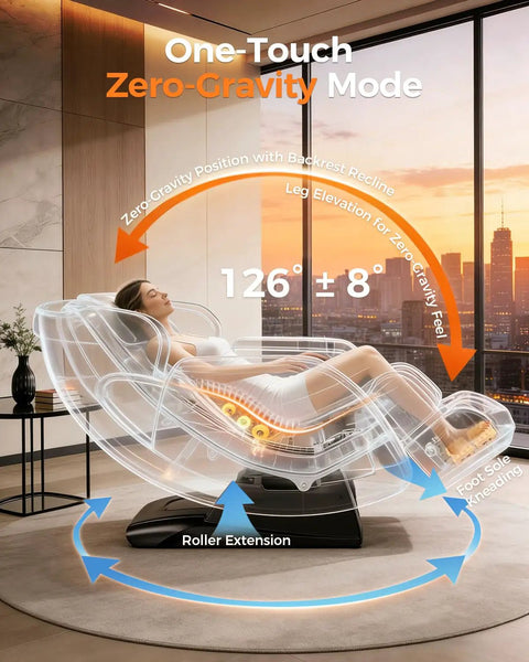 Woman using Next Level Upgrade 3D Massage Chair with AI Voice Control, Full Body Zero Gravity Recliner in living room.