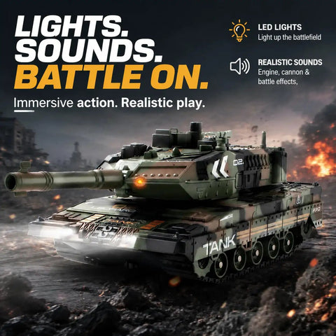 Beast Mode RC Tank With 360 Degree Turret 2.4GHz Remote Smoke Sound And Lights on battlefield with LED lights and effects.