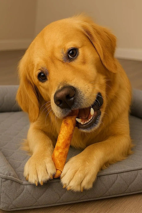 Dog chewing All American Beefhide Chip Rolls For Dogs Chew Treats 5 Inch Thick Rawhide Long Lasting Flavor Beef And Chicken 18 Count Pack