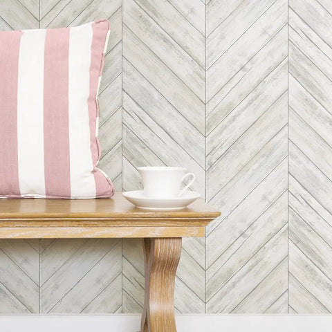 White And Tan Herringbone Wood Look Peel And Stick Wallpaper For Renters And Homeowners, Removable Vinyl With No Sticky Residue
